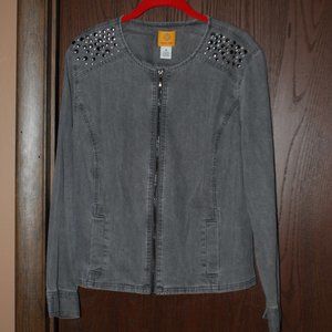 Ruby Rd. Gray Zip-up Denim Jacket w/Shoulder Studs - 16